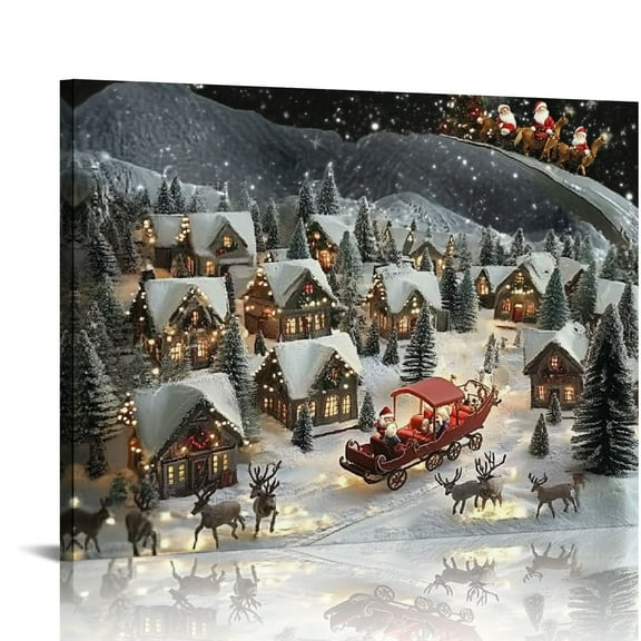 ONETECH Vintage Christmas Wall Art-Santa’s Riding Reindeer Send Gifts Poster For Christmas Holiday Room Wall Decor-Winter Art Canvas Print Picture For Kids Bedroom Decor 20x16in