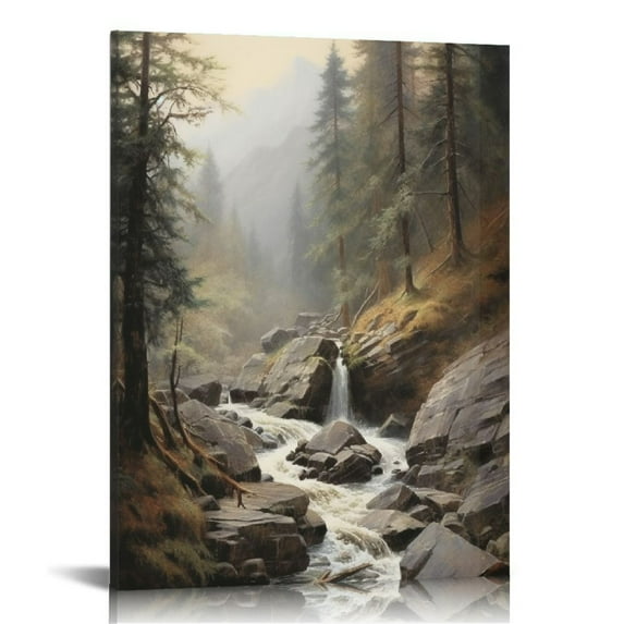 ONETECH Vintage Framed Mountain Wall Art, Bedroom Living Room Mountain Scenery Art Decor, Mountain Forest Canvas Print Retro Paintings, Home Nature Landscape Pictures 16x20 in