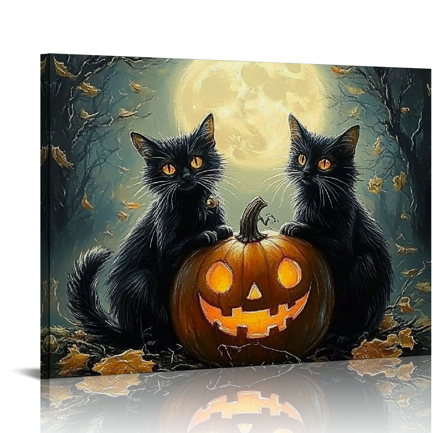 Vintage Halloween Canvas Wall Art, Cute Black Cat Witchy Canvas