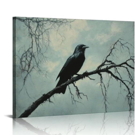 ONETECH Vintage Halloween Wall Art - Black Crow Canvas Prints - Gothic Tree Branch Scary Black Crow Poster Dark Academia Spooky Painting Horror Picture Home Decorations 16x12in