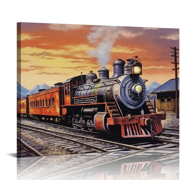 ONETECH Vintage Metal Signs Steam Locomotive Train Tin Sign Old Western Town Railway Railroad Oil Painting Style Art Poster Wall Decor Home Garage Bar Cafe Gift