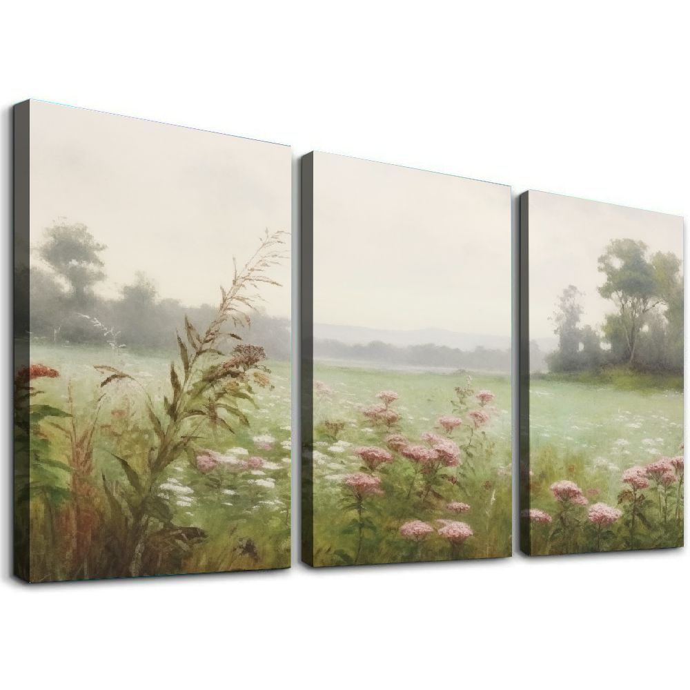 Vintage Spring Lake Landscape with Wildflower Meadow Canvas