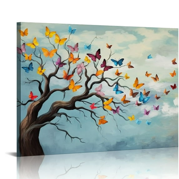 ONETECH  Vintage Wall Art Canvas Colorful Butterfly on Teal Background Paintings Art Prints Butterflies Artwork Framed for Home Bedroom Dining Room Wall Decoration Ready to Hang