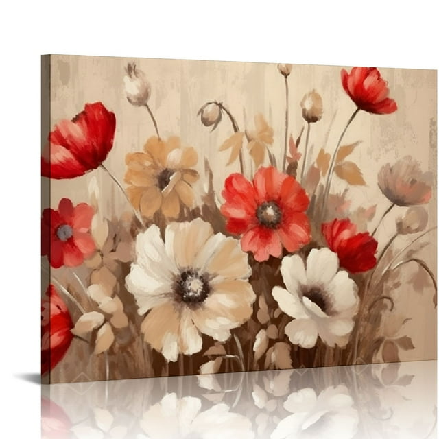 Vintage Wall Art Red and Brown Flowers Painting on Canvas