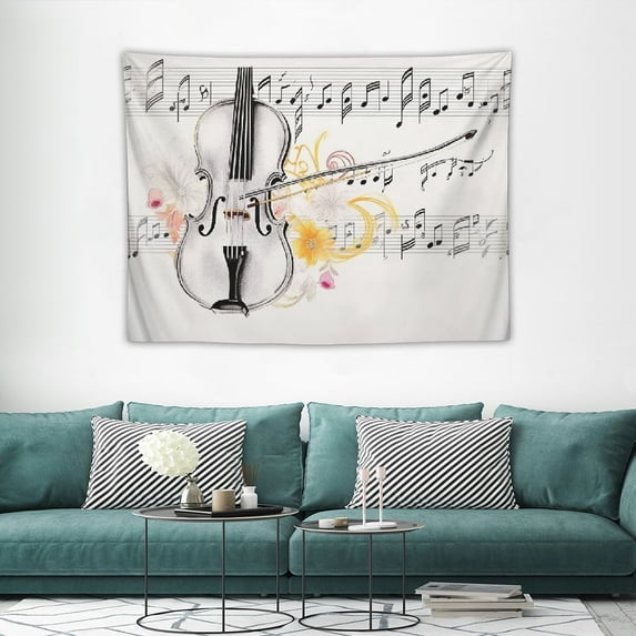 ONETECH Violin Tapestry, Symphony Classical High Art Music Instrument Performing Cello Orchestra Print, Wide Wall Hanging for Bedroom Living Room Dorm, Black and White
