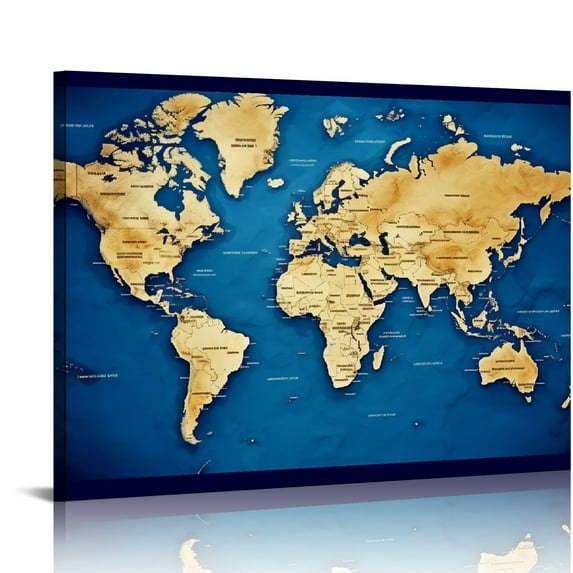 ONETECH Wall Art Blue map of The World Painting Ready to Hang Pieces Large Framed Wall Art World Map Canvas Art Map Wall Decorations Artwork Prints for Background for Home Office Decoration