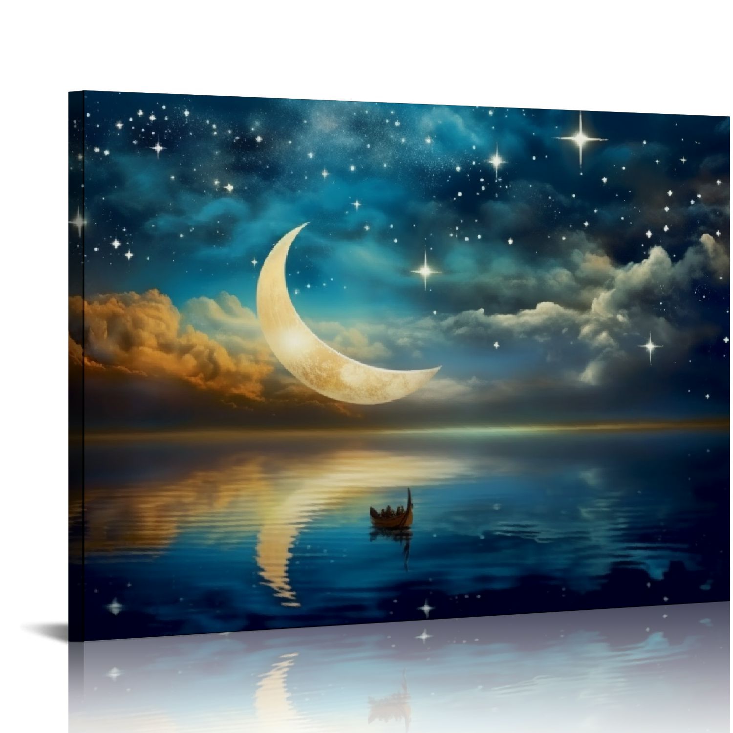 ONETECH Wall Art Canvas Painting Sea Clouds Moon and Stars Ocean Blue ...