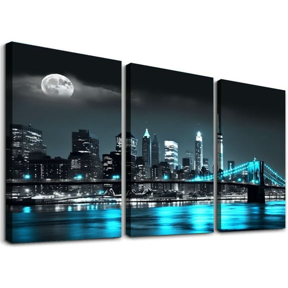 ONETECH Wall Art Decor Canvas Print Picture 1 Panel Black White and Blue New York Brooklyn Bridge Cityscape Night Building Painting for Kitchen Office Home Decor 12''x16''X3 Panels