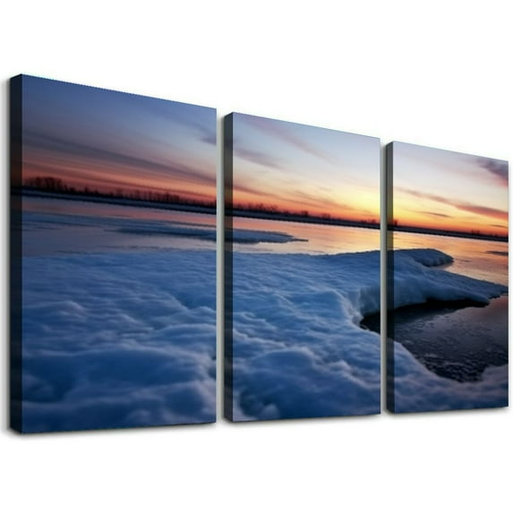 ONETECH Wall Art Paintings Sunrise frozen river Beautiful winter landscape lake morning time Canvas Art Print wall Poster Artwork for living Room Bedroom Wall Decor and Home Decor 12''x16''X3 Panels