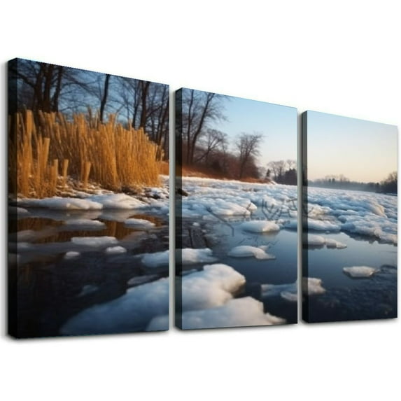 ONETECH Wall Art Paintings Sunrise frozen sea Beautiful winter landscape lake morning time Canvas Art Print wall Poster Artwork for living Room Bedroom Wall Decor and Home Decor 12''x16''X3 Panels