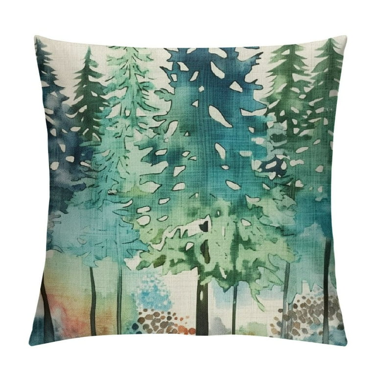ONETECH Watercolor Blue Green Tree Pillow Covers Rustic Style Nature Forest Print Decorative Throw Pillows Winter Christmas Square Cushion Case for Home Sofa Couch Bed Outdoor Walmart