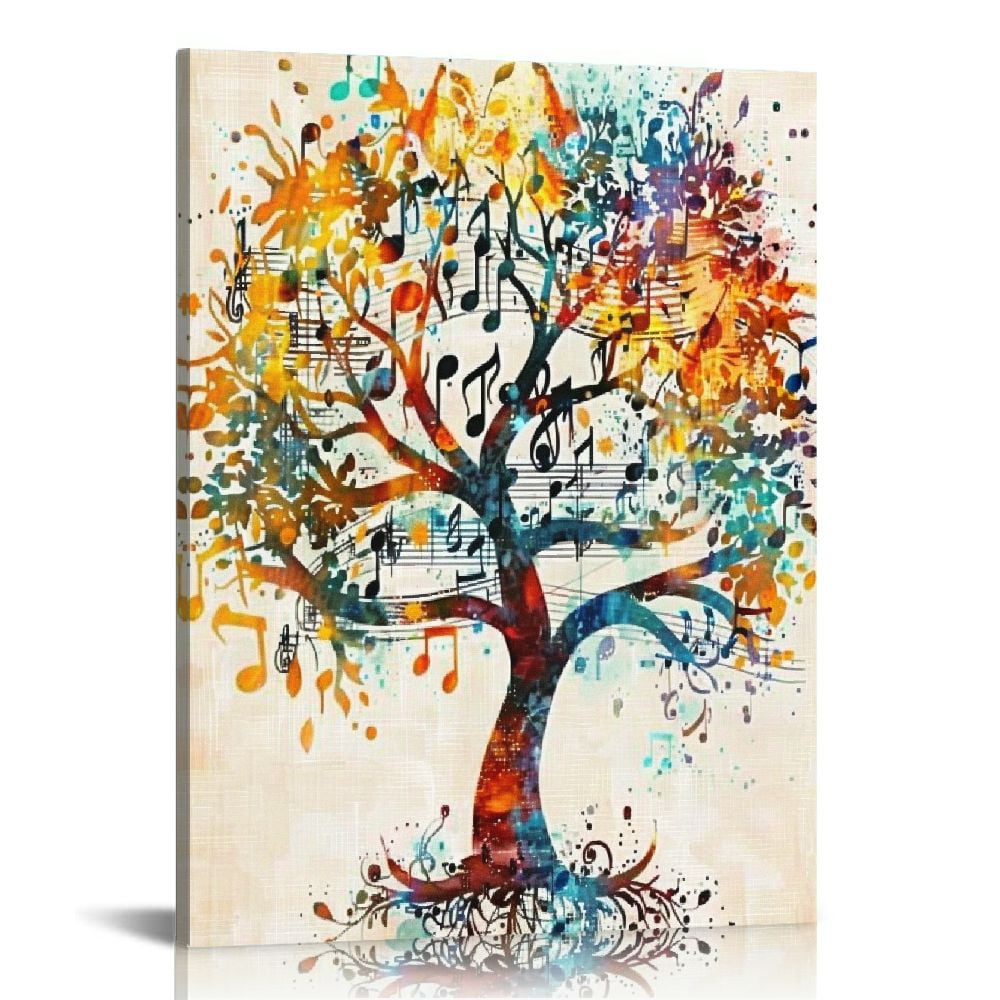 ONETECH Watercolor Music Tree Canvas Wall Art Treble Clef Art