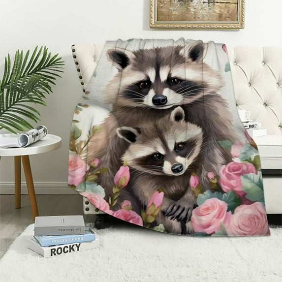 ONETECH Watercolor Raccoon Flower Blanket Gifts for Girls, Cute Floral Raccoon Plush Flannel Throw Blanket for Kids Cow Lover, Highland Cow Cozy Fluffy Blanket for Women Women Couch Bed Sofa