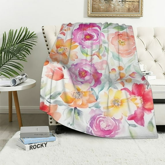 ONETECH Watercolor Rose Throw Blanket Floral Girly Flower Soft Warm Women Girls Bed Bedding Blankets for Couch Bedroom Sofa Office Car, All Season Cozy Flannel Plush Blanket Gifts for Kids Adults