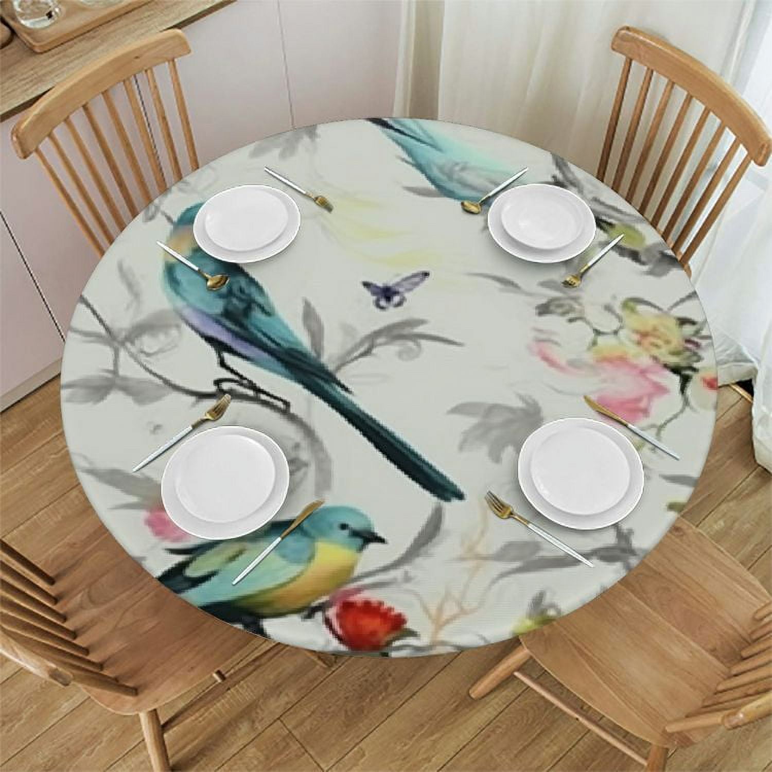 Waterproof Fabric Tablecloth, Green Birds Pattern Washable