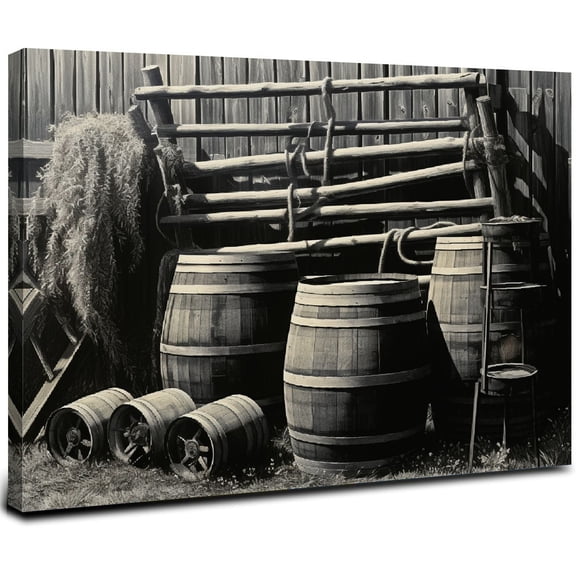 ONETECH Western Black and White Prints Wall Art Bull Skull Barrel and Cowby Boots Picture Painting for Cowboys' Room Decor 16x12inch