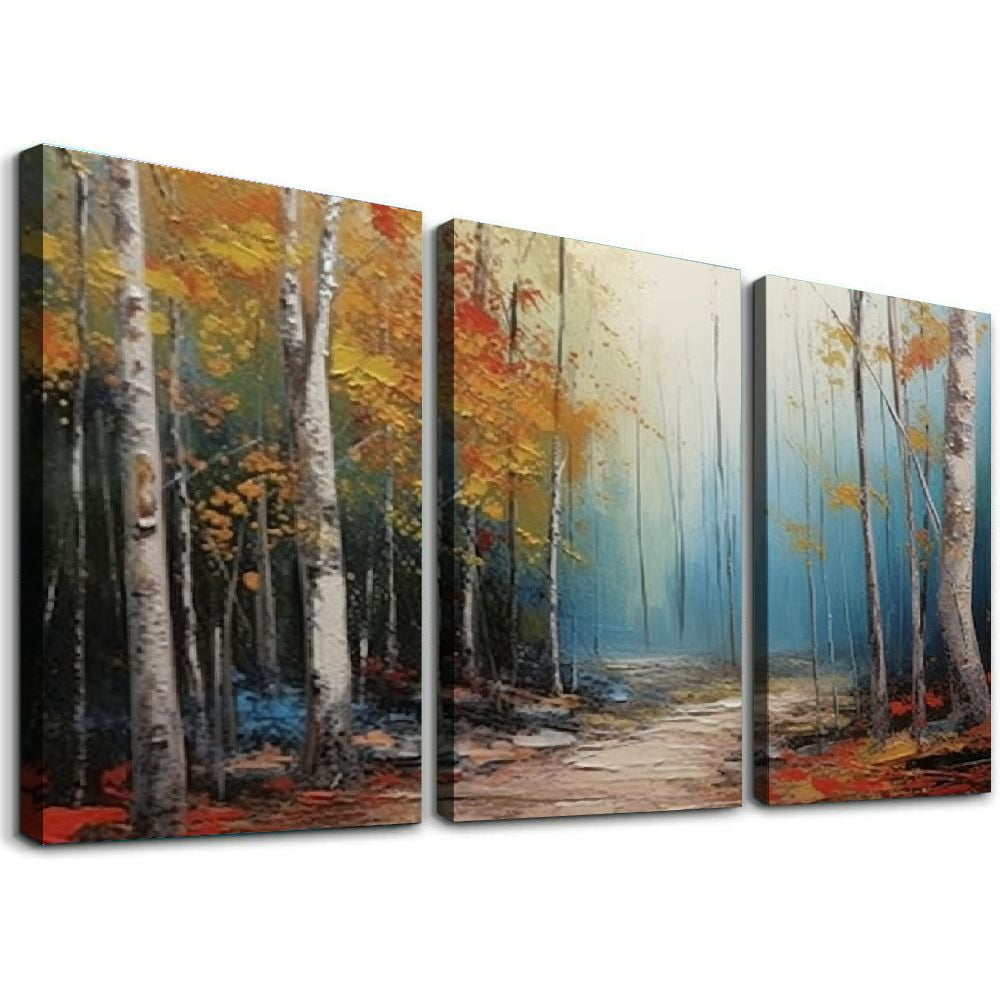 ONETECH White Birch Tree Canvas Wall Art Blue Forest Painting Landscape ...