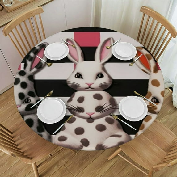 ONETECH White Black Plaid Easter Bunny Kitchen Fitted Tablecloth for Round Table,Leopard Rabbit Table Cover with Elastic Edge Waterproof Table Cloth,Buffalo Checker Circle Table Covers for Indoor