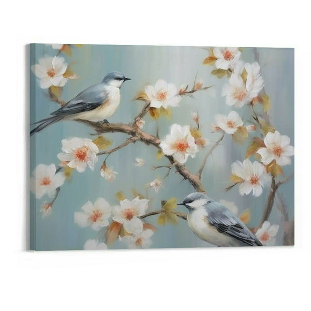ONETECH White Floral Canvas Artwork Wall: Elegant Flower Tree and Birds ...