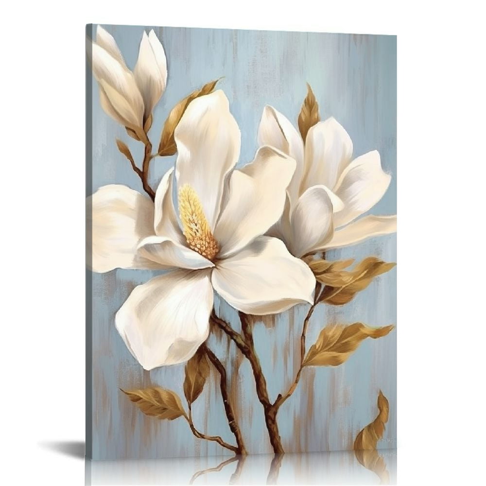 FUMJ White Flower Wall Art Blooming Floral with Gold Foil Canvas Print ...