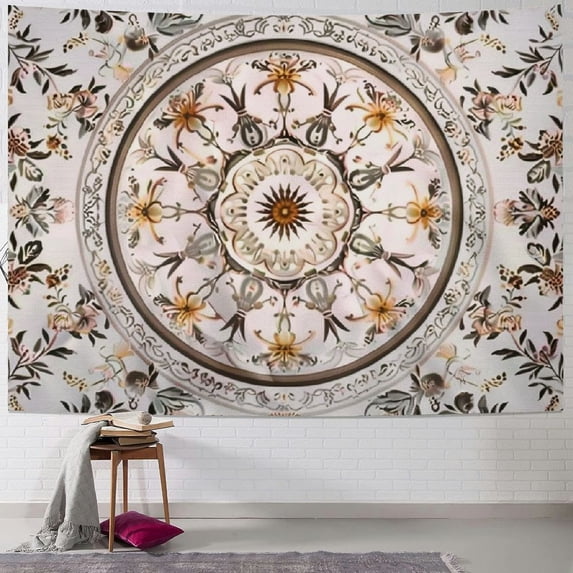 ONETECH White Pink Bohemian Tapestry Wall Hanging, Mandala Floral Medallion Hippie Tapestry with Light Brown Aesthetic Wreath Design, Cream Wall Decor Blanket for Bedroom Home Dorm