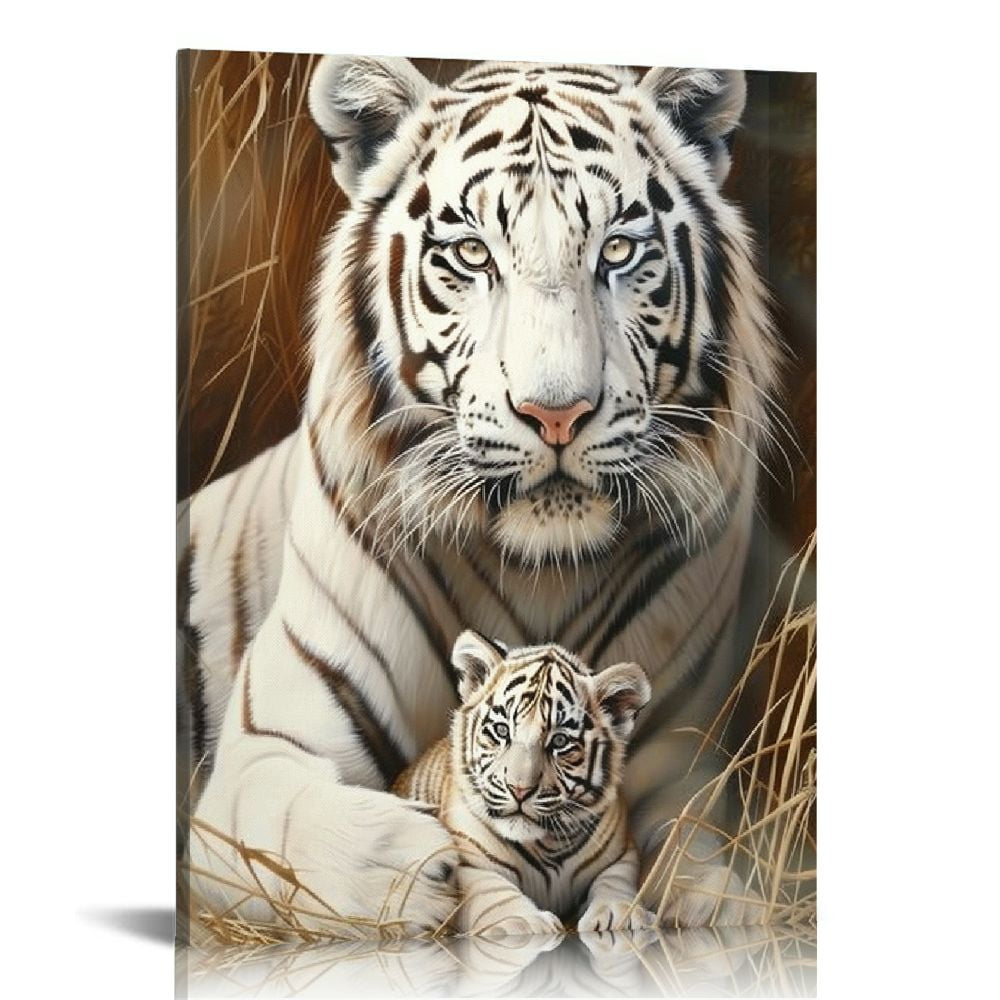 White Tiger Canvas Wall Art and Baby Lovely Cats Animal Picture Painting Large Animal