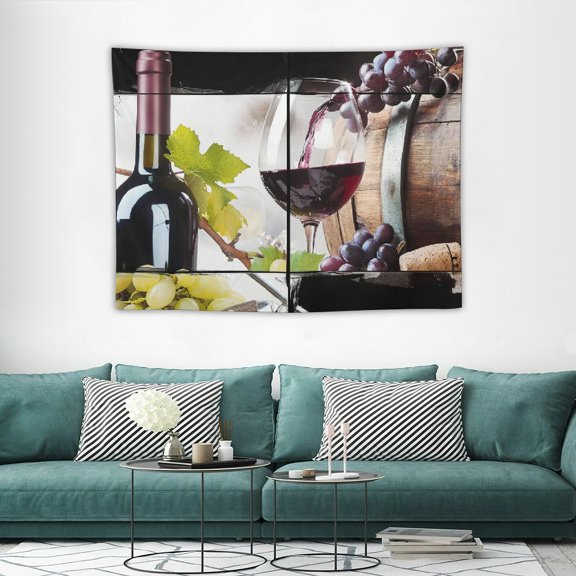 ONETECH  Wine Tapestry King Size, Wine Collage with Cask Bottle Wineglass Grape Gourmet Taste Beverage, Wall Hanging Bedspread Bed Cover Wall Decor, Pale Green Burgundy