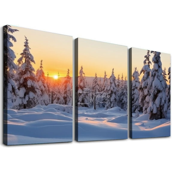 FUMJ Winter Scene Canvas Wall Art for Home Office Decor - Beautiful Landscape Snowy Trees and Sunset Art Modern Cool Wall Paintings Print On Canvas Giclee Ready to Hang 12''x16''X3 Panels