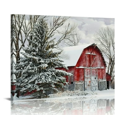 ONETECH Winter Scenes Pictures Barn Canvas Wall Art Winter House Painting Winter Barn Prints Snow Scenery Wall Art Christmas Winter Poster Rustic Red Barn Canvas Snowy Landscape Wall Art 20x16in