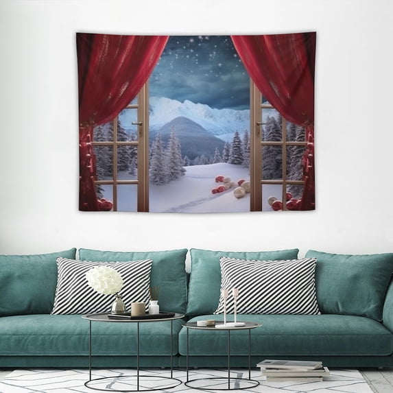 ONETECH  Winter Tapestry Wall Hanging Snow Scene Outside Vintage Window Tapestries Red New Year Wall Decor Blanket for Bedroom Living Room Holiday Party,