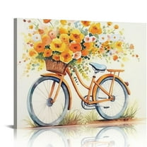 ONETECH  Yellow Bicycle Flower Painting Wall Art Watercolor Abstract Bike with Floral Bouquet Wildflowers Canvas Picture for Farmhouse Kitchen Living Room Bedroom Bathroom