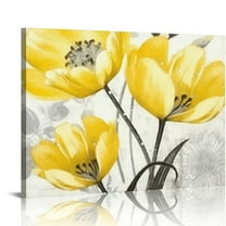 ONETECH Yellow Flower Wall Art Canvas Flowers Wall Decor for Bathroom Living Room Bedroom Yellow And Grey Decals Abstract Wall Pictures Modern Minimalism Artwork