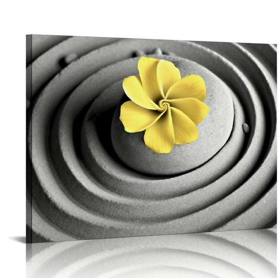 ONETECH Yellow Gray Wall Art Black White Zen Wall Art Floral Wall Pictures Flower Zen Painting Stone Sand Pebble Canvas Poster Artwork for Wall Decor Living Room Bedroom Bathroom Decor