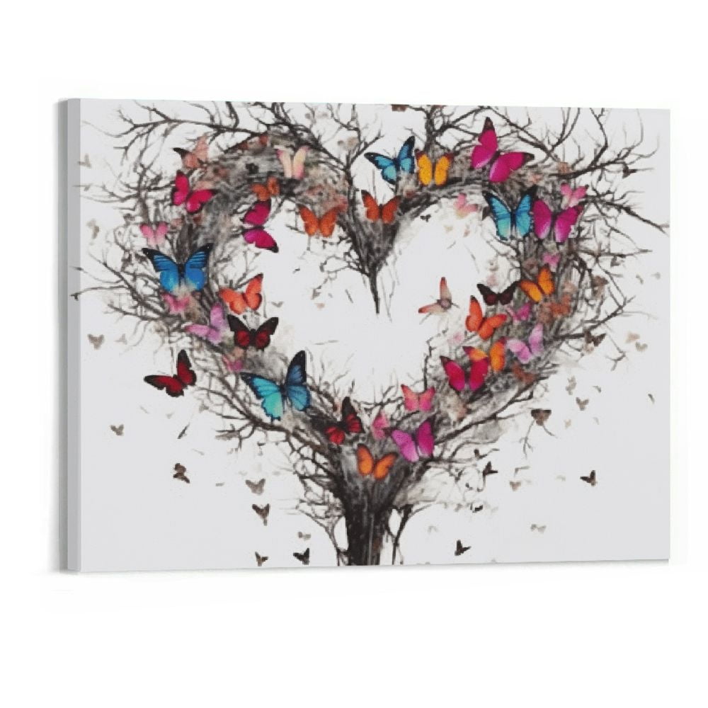 ONETECH Yidepot Butterfly Canvas Print Wall Art for Bedroom: Heart Shaped  Branches Surrounded by Colorful Butterflies Love Themed Picture for Teen  Girls - 20x16 Inch