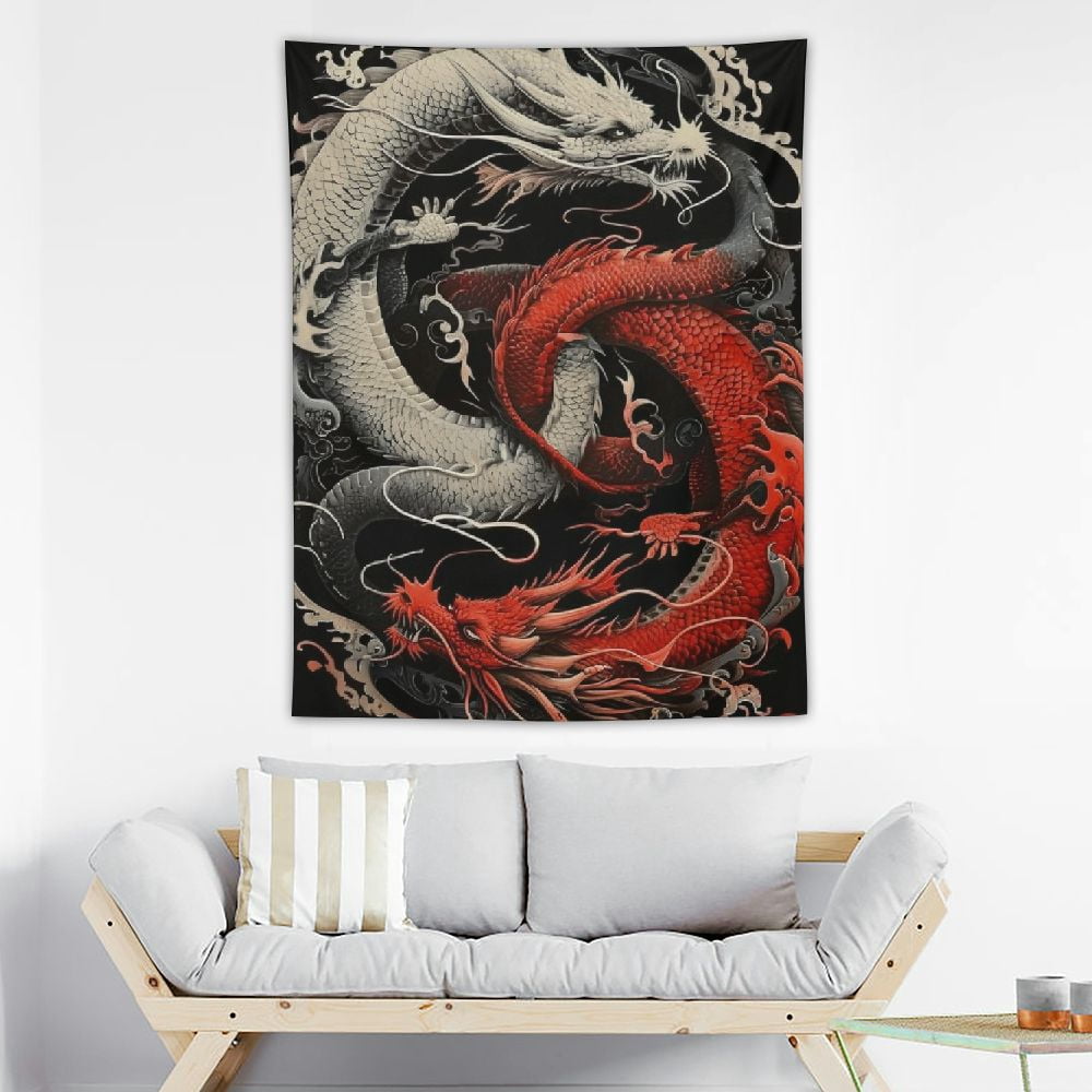 ONETECH Yin Yang Tapestry, Black White Dragons Red Chinese Map Wall Art ...
