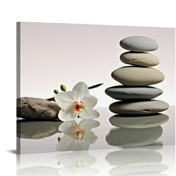 ONETECH Zen Bathroom Wall Art Orchid Flower Massage Stones on Water Canvas Pictures Prints for Meditation Yoga Spa Room Decor Framed 16\x12\