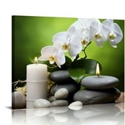 ONETECH Zen Canvas Wall Art for Bedroom Basalt Stones & Orchids on Wood Panel Nature Floral Picture Painting Relax/Calm Poster for Spa Bathroom Decor Ready to Hang 20\x16\