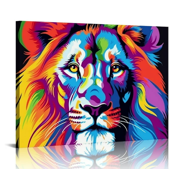 ONETECH  abstract Colorful painting Lion Picture Canvas print Wall art Modern decor design Animal Paintings Artwork for office dorm Home Living Room Decor, Stretched and Framed