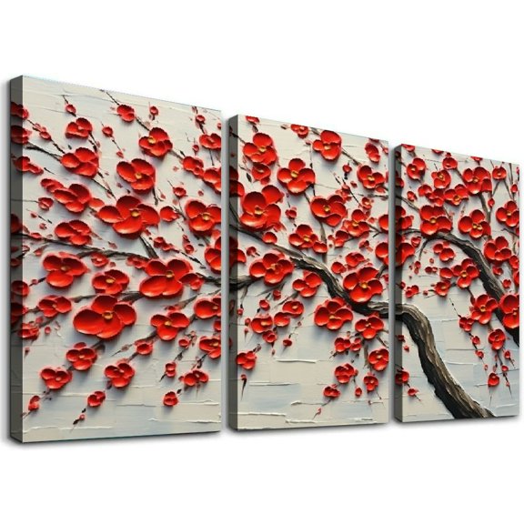ONETECH - hand-painted Oil Painting On Canvas Texture Palette Knife Red Flowers Paintings Modern Home Decor Wall Art Painting Colorful 3D Flowers Tree Paintings Ready to 12''x16''X3 Panels