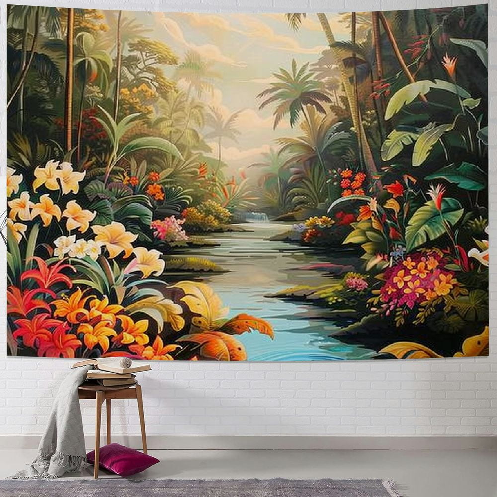 jungle floral tapestry Rainforest river flower tropical plants