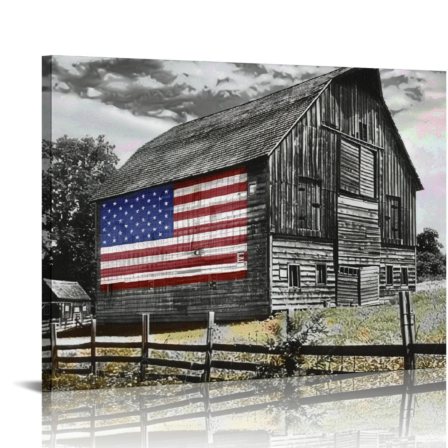 Black and White Farmhouse Barn American Flag Canvas Wall Art