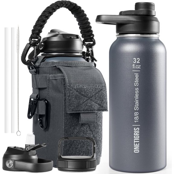 ONETIGRIS 32 oz Insulated Water Bottle with Straw - Tactical Stainless Steel Water Jug, Leakproof Thermos Wide Mouth Sport bottle with 3 Lids and Sleeve for Travel, Gym, Camping, Hiking