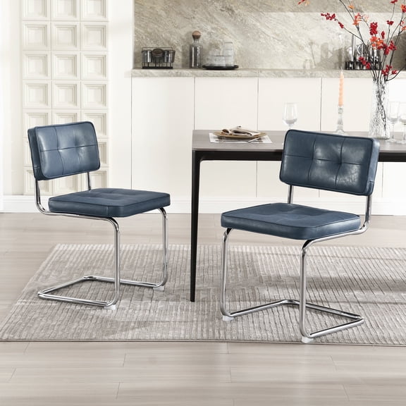 ONEVOG 19.3'' Mid-Century Modern Dining Chairs Set of 2, Faux Leather Cantilever Kitchen Chairs with Chrome Legs for Kitchen Dining room, Blue
