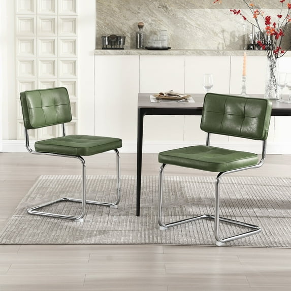 ONEVOG 19.3'' Mid-Century Modern Dining Chairs Set of 2, Faux Leather Cantilever Kitchen Chairs with Chrome Legs for Kitchen Dining room, Green