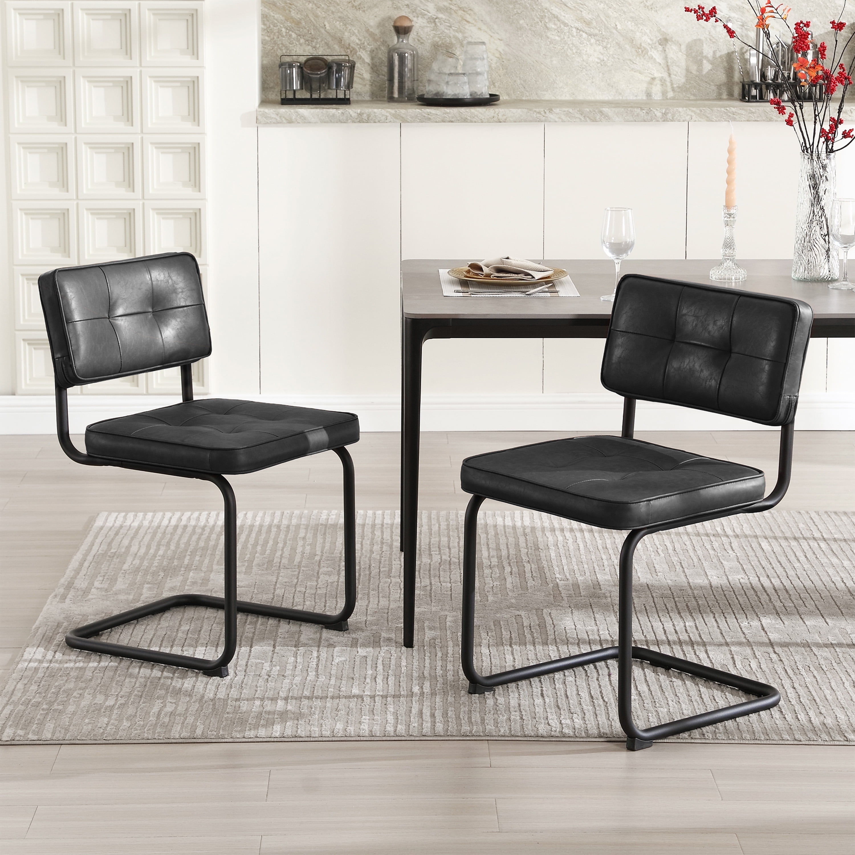 ONEVOG 19.3'' Mid-Century Modern Dining Chairs Set of 2, Faux Leather Cantilever Kitchen Chairs with Matt Black Legs for Kitchen Dining room, Black