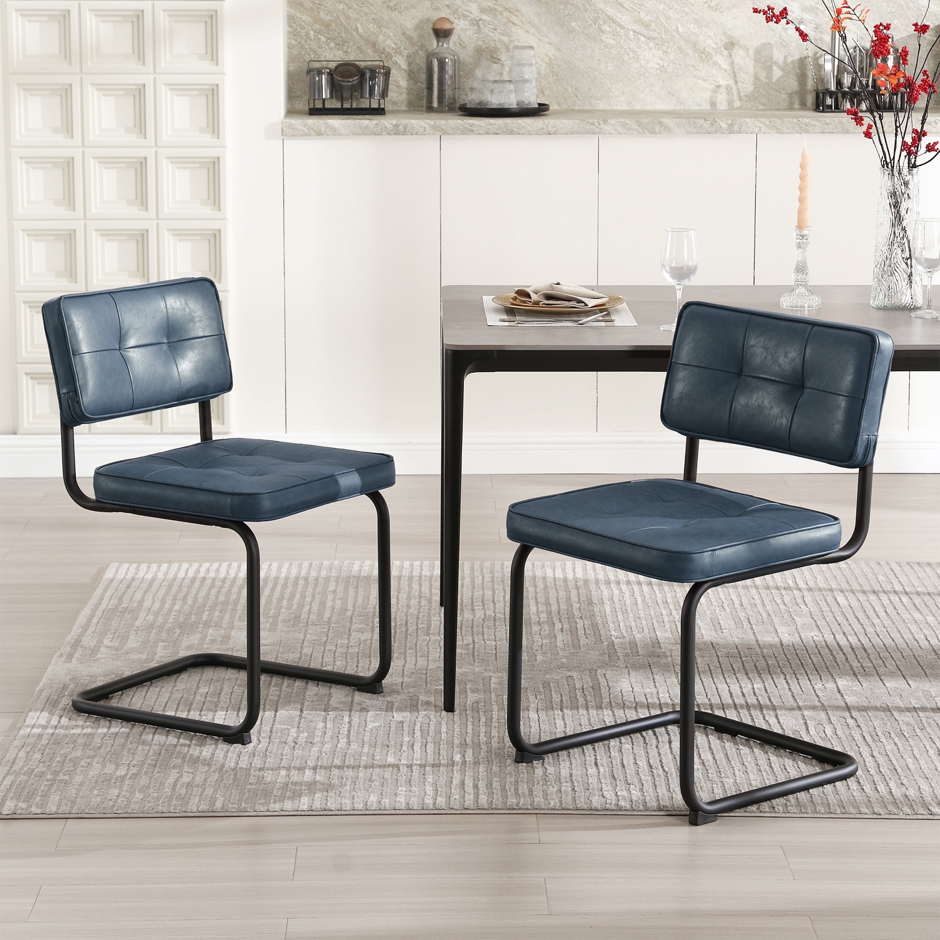 ONEVOG 19.3'' Mid-Century Modern Dining Chairs Set of 2, Faux Leather Cantilever Kitchen Chairs with Matt Black Legs for Kitchen Dining room, Blue