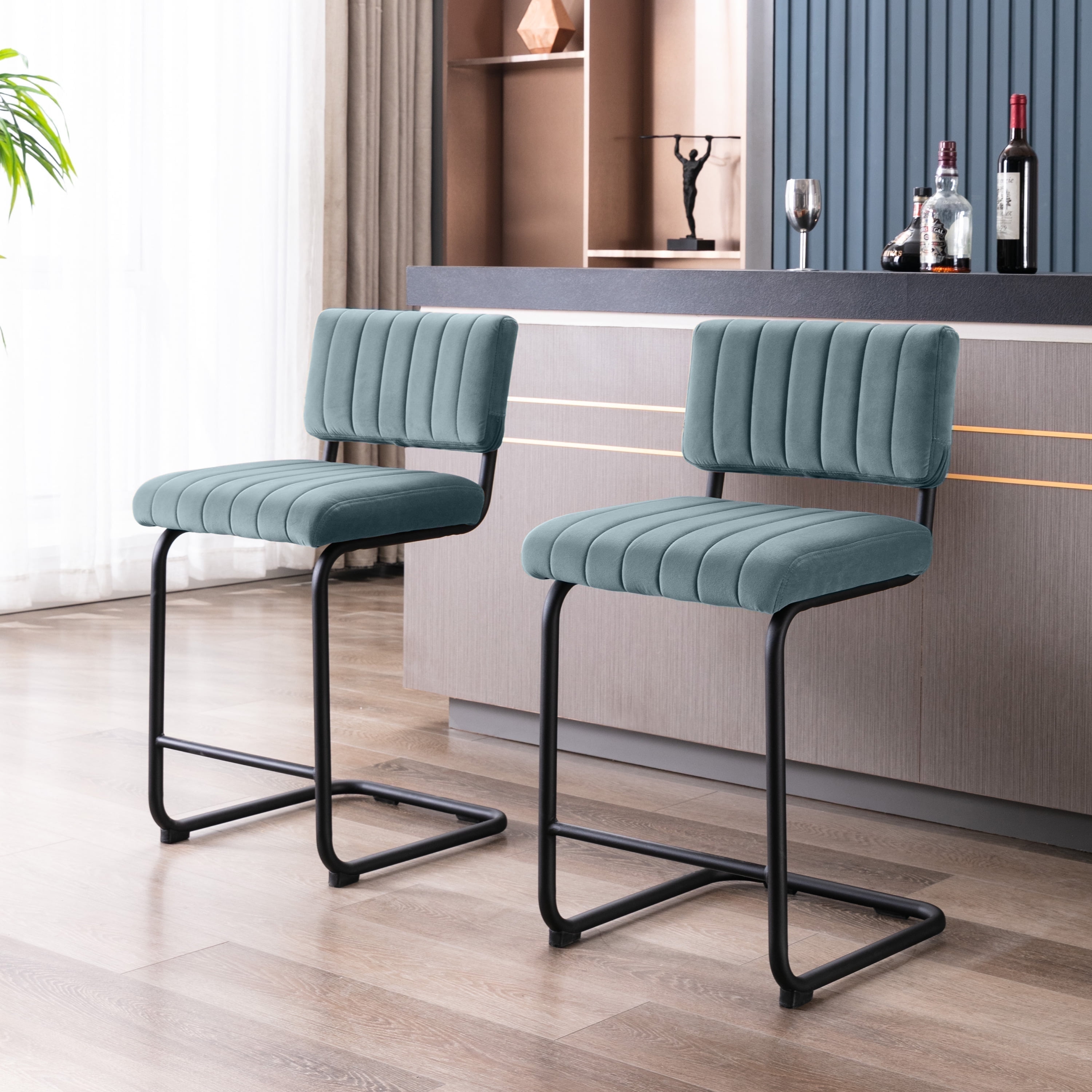 ONEVOG 24''H Counter Height Bar Stools Set of 2, Morden Counter Bar Stools with Velvet and Black Metal Legs, Upholstered Bar Stool For Kitchen Island, Blue
