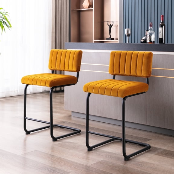 ONEVOG 24''H Counter Height Bar Stools Set of 2, Morden Counter Bar Stools with Velvet and Black Metal Legs, Upholstered Bar Stool For Kitchen Island, Cognac