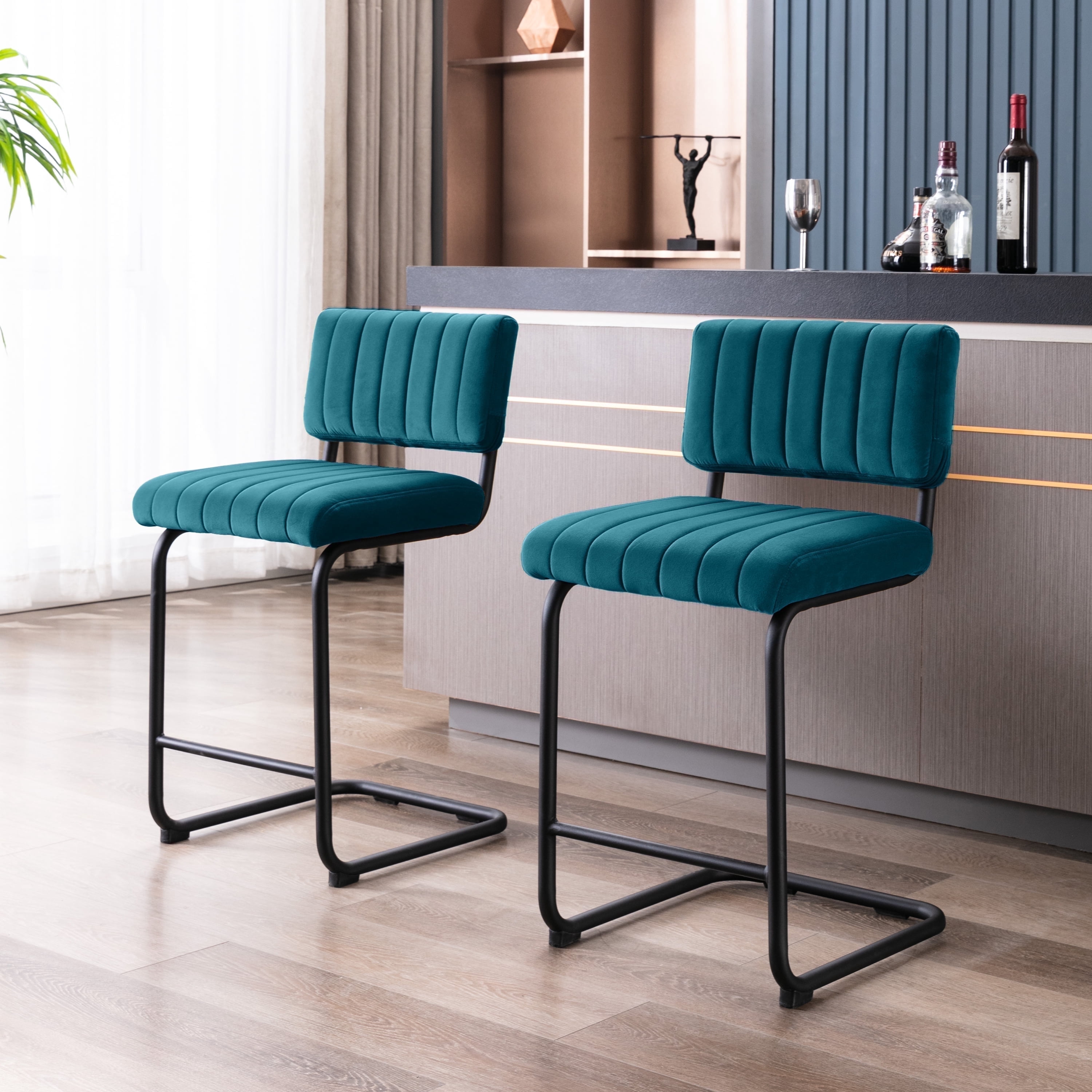 ONEVOG 24"H Counter Height Bar Stools Set of 2, Modern Velvet Upholstered Stool with Black Metal Legs for Kitchen Island, Teal