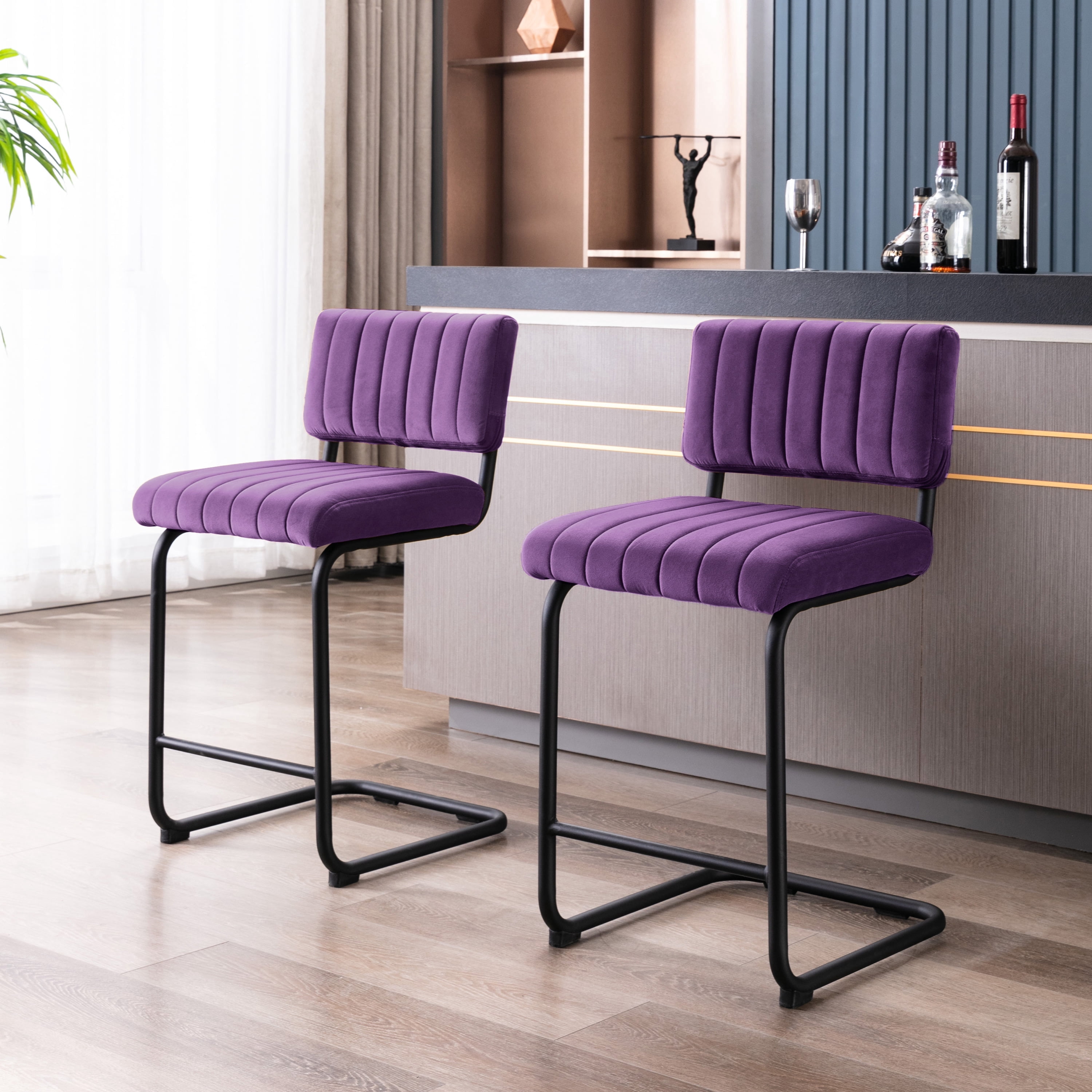 ONEVOG 24''H Counter Height Bar Stools Set of 2, Morden Counter Barstools with Velvet and Black Metal Legs, Upholstered Bar Stool for Kitchen Island, Purple
